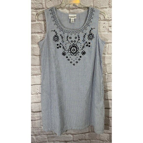 Country Store Catalog Embroidered Striped Poplin Dress Large Cotton Pockets 9876 - Picture 1 of 6